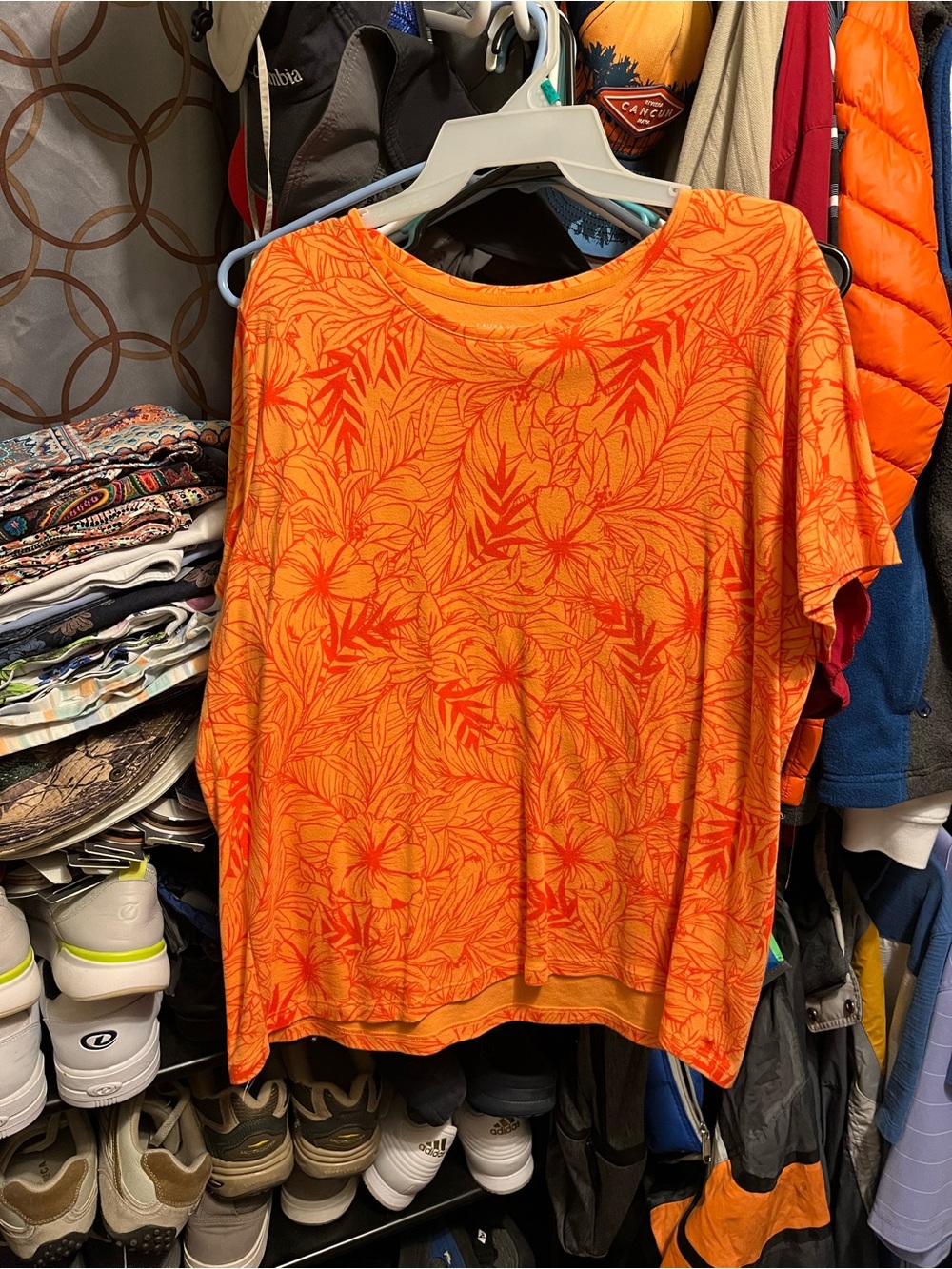 Laura Scott Orange Tropical Print Short Sleeve Top